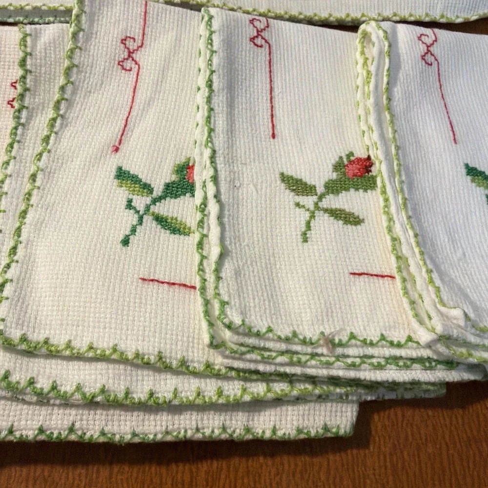 Vintage Set 6 Placemats‎ & Napkins Cross Stitch Pink Rose Handmade Never Used